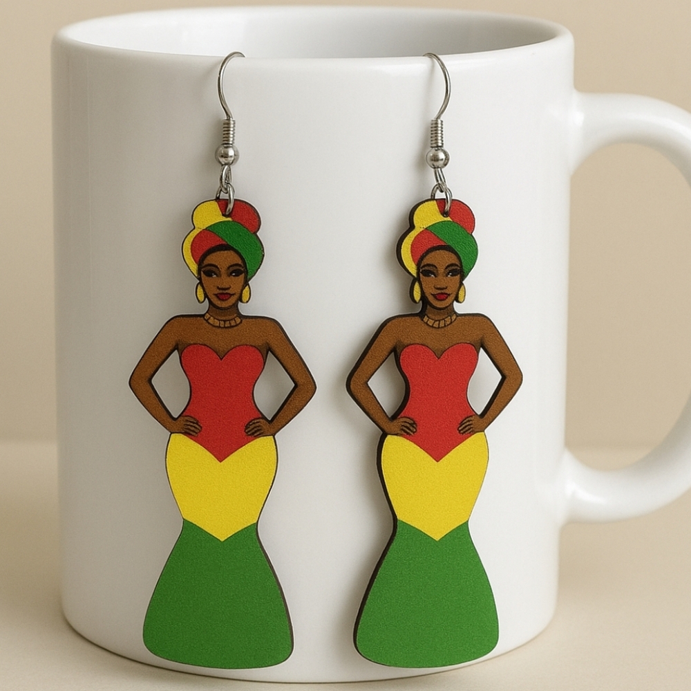 Bold Multicolor Women Earrings. Long earrings with an African woman's 9cm - Picture 2 of 4